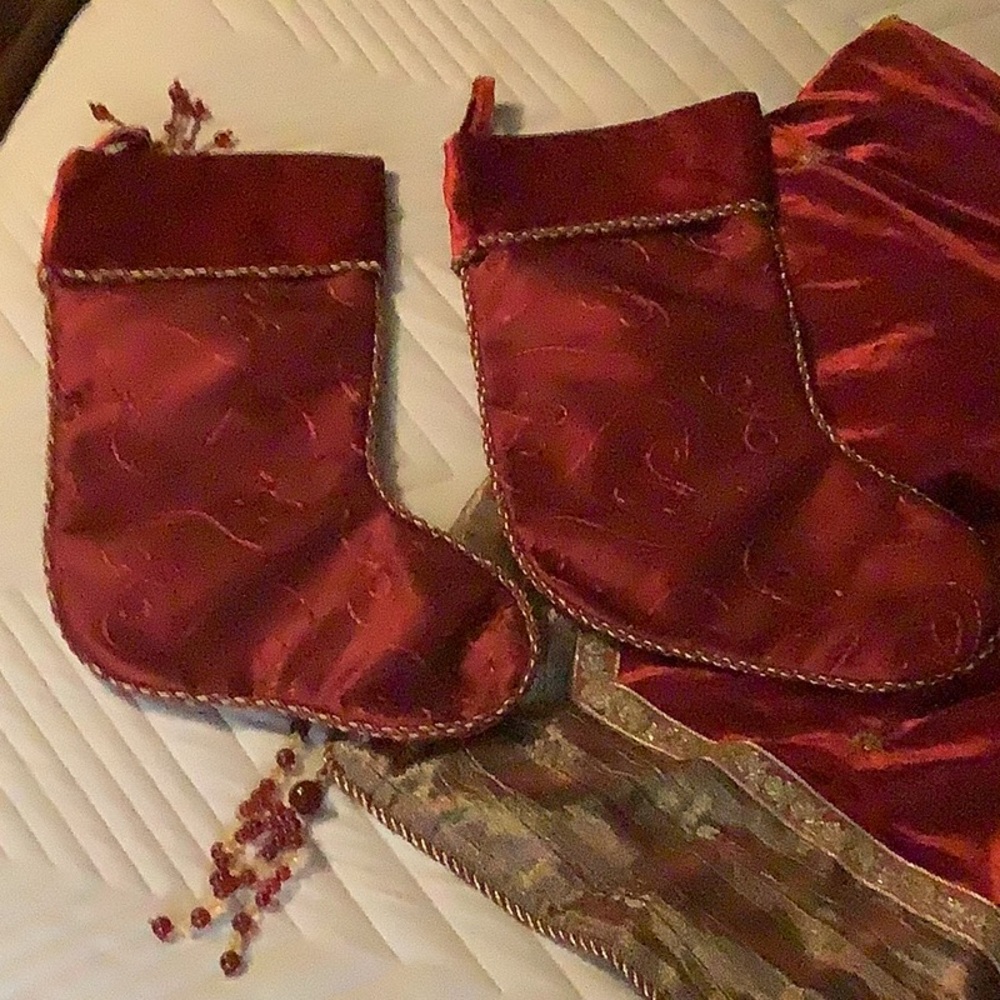 Elegant Burgundy Tree Skirt with 2 sets of Christmas Stockings (4 total)